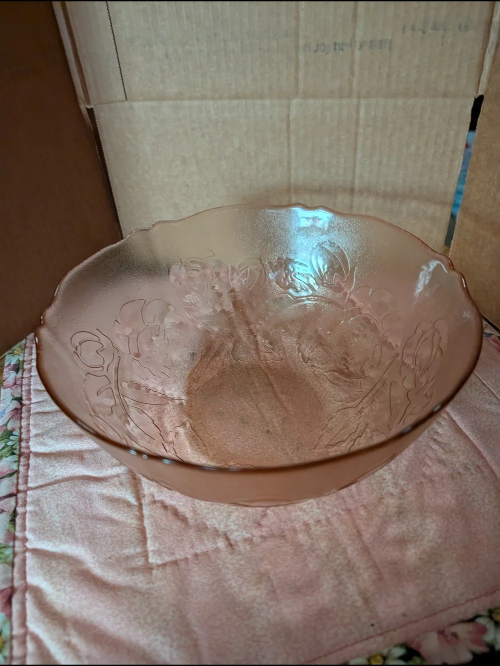 Pink Floral-Embossed Glass Serving Bowl